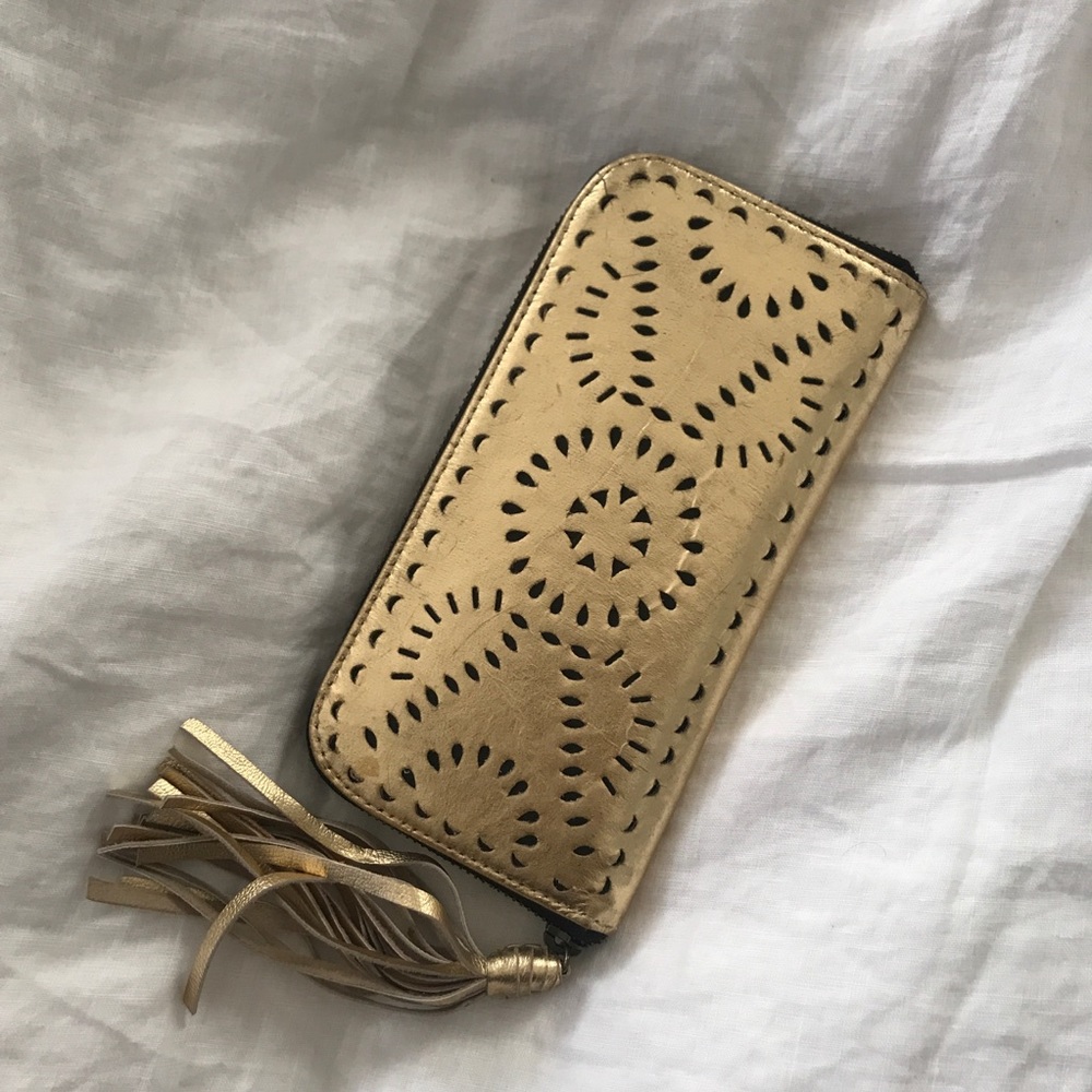Cleobella metallic gold Mexicana tassel wallet